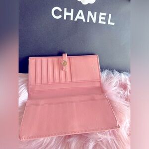 Beautiful Authentic Pink Chanel Caviar Leather Button Motif Long Wallet.